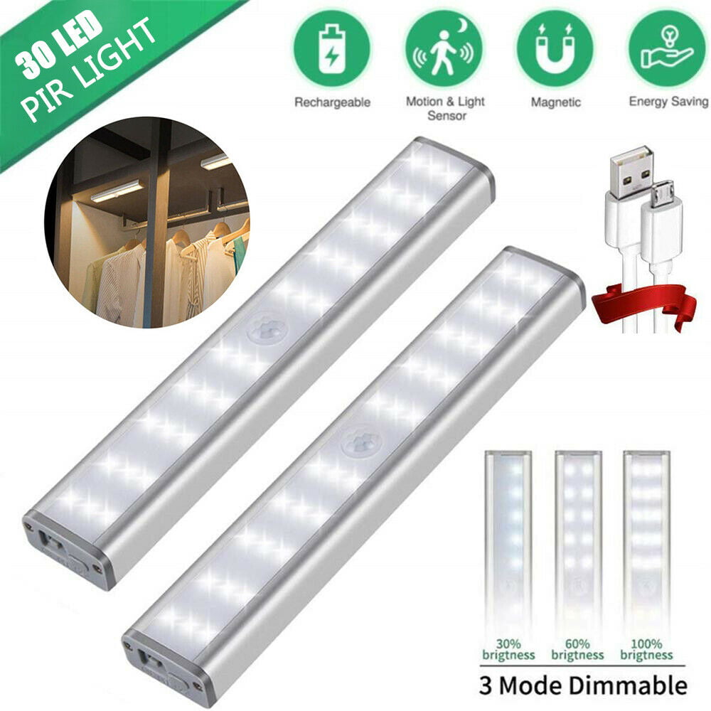 30 LED Closet Light PIR Motion Activated Under Cabinet Night Lights Rechargeable 