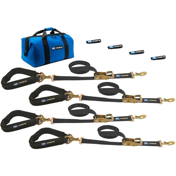 Mac's Tie-Downs 2in x 8' Pro Pack Premium Tie-Down Strap Kit with 24in Axle Strap, Direct Hook Ends - Black