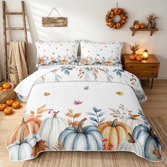 Erosebridal Hippie Watercolor Pumpkin Twin Quilt Set, Thanksgiving Autumn Foliage Twin Coverlet Set for Boys Girls, Orange Sage White, 2pcs 1 Bedspread and 1 Pillowcase