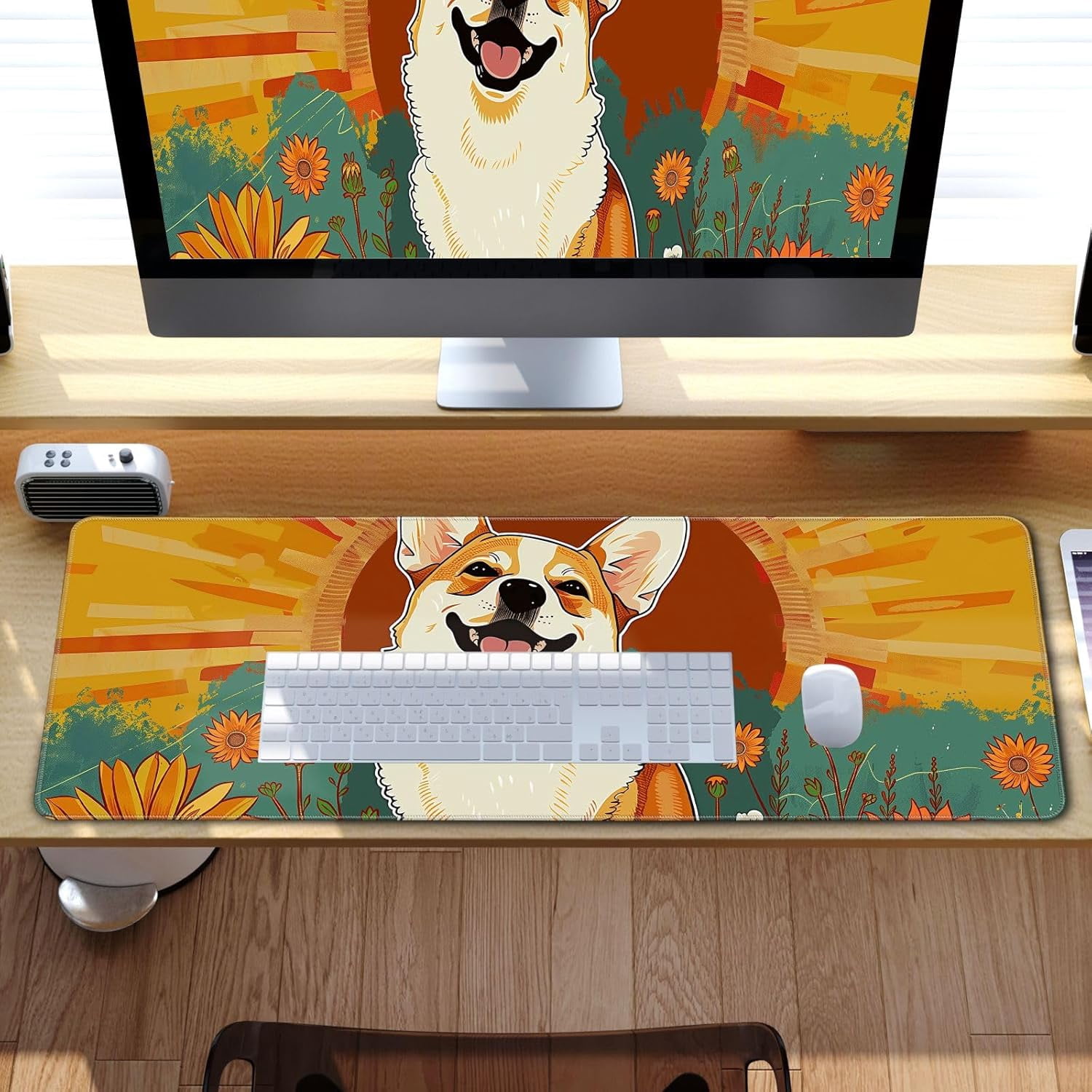 Cute Dog Mouse Desk Pad Kawaii Yellow Desk Mat Desk Decor Large Gaming Mouse Pad Desk Mousepad Computer Office Keyboard Laptop Big Corgi Mouse Pad Xl(31.5x11.8 In)-With Non-Slip Base Stitched Eges