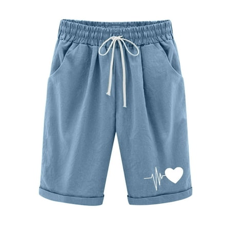 

YanHoo Women s Linen Shorts High Elastic Waist Drawstring Casual Pants Valentine s Day Love Print Bermuda Shorts with Pockets