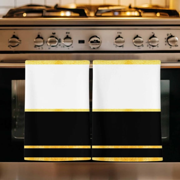 Modern Black Gold Kitchen Towels Set of 1, Minimalist Geometric Yellow Striped Absorbent Dish Towels for Kitchen, Microfiber Hand Towel, Quick Drying Tea Towel for Cleaning Decorative Dishcloths