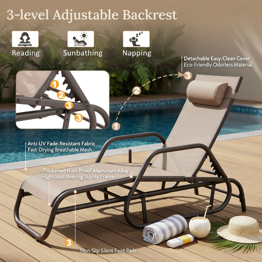 Hommoo Outdoor Chaise Lounge Glider Chair with Adjustable Backrest, Removable Pillow & Quiet Metal Frame, Rustic Brown
