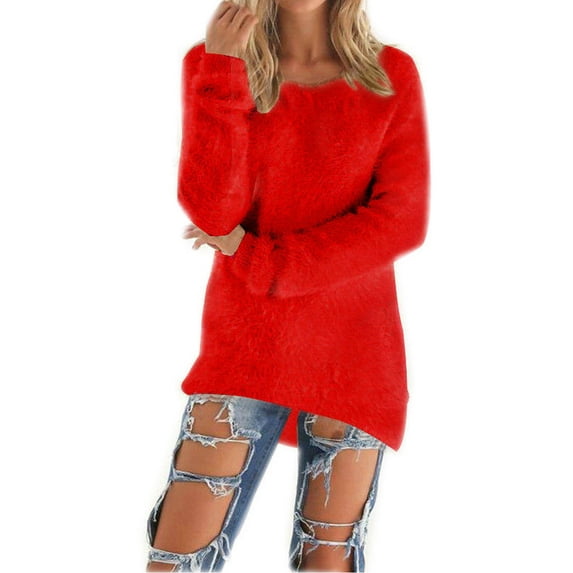 DYMADE Women Fashion Solid Color Long Sleeved Pullover Plush Soft Sweater