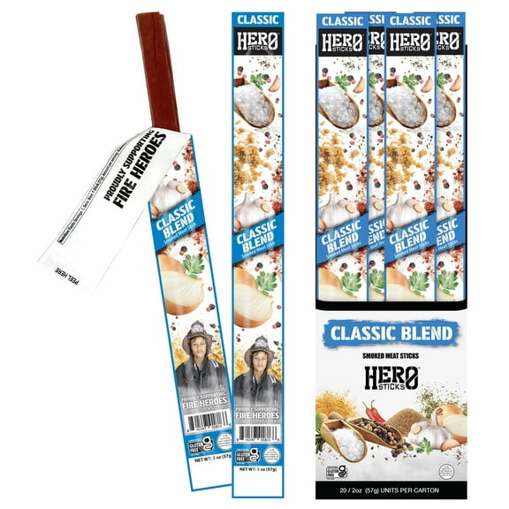 Hero Jerky Meat Sticks Classic Blend Pack of 20 – Premium Pork & Beef Meat Sticks, Gluten-Free, High Protein Snacks 2 Ounces Each, 21 Grams of Protein
