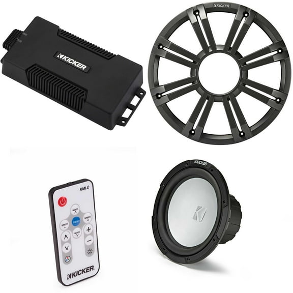 Kicker 48PXA6001 Weatherproof Powersport Mono Amp & 10" 2 Ohm Free-Air Marine Subwoofer ( Charcoal Grill ) Includes LED Remote