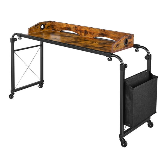 KFFKFF Adjustable Overbed Table 41.7"W x 14.2"D with Wheels, Mobile Desk for Bedroom, Living Room, or Office, Height & Length Adjustable, Rolling Table with Side Pocket & Raised Edge, Brown