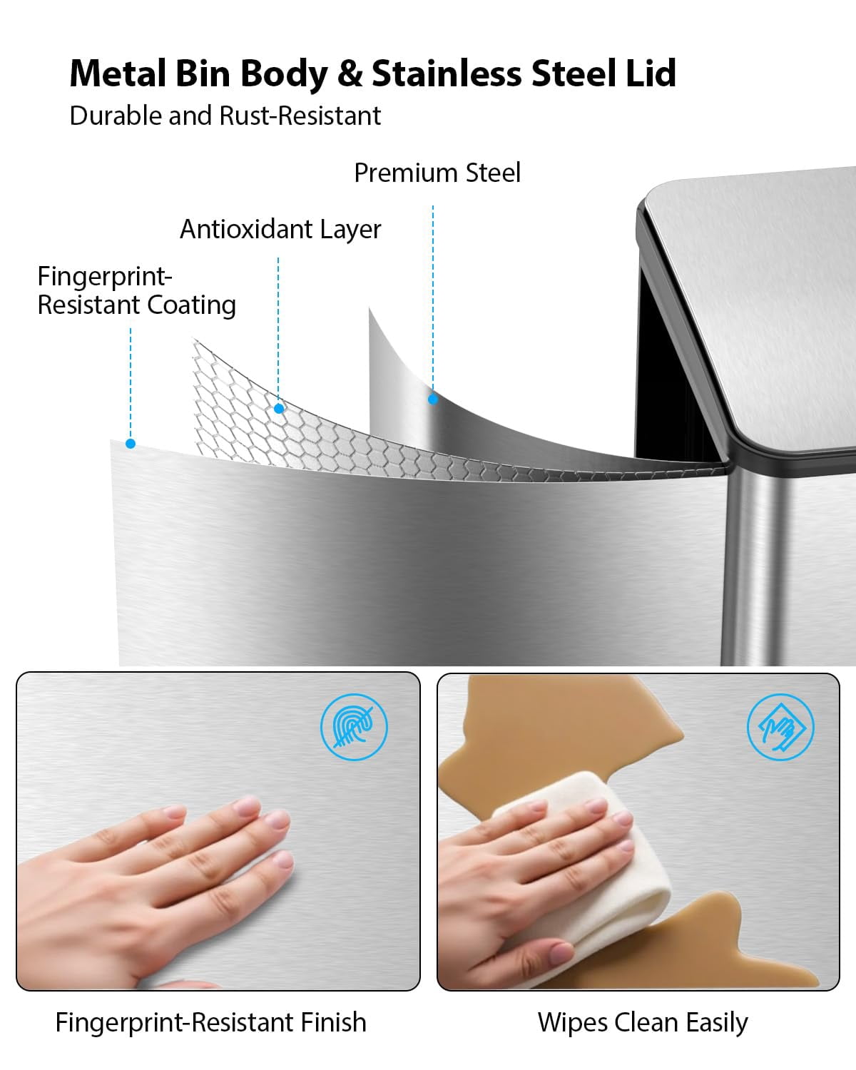 Dual Compartment Kitchen Trash Can, 2 x 8 Gallon (2 x 30 L) Stainless Steel Trash and Recycle Bin Combo with Soft-Close Lid, Dual Compartment Recycling Kitchen Step Trash Bin, Odor Proof, Hands Free,