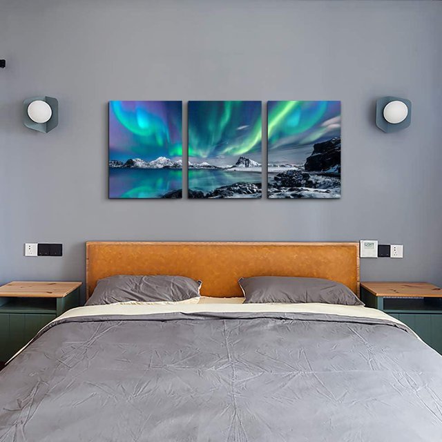 20×20cm Pintura Sala De Estar Dormitorio Decoración De La Pared, Pintura Moderna Azul Verde Aurora Boreal Cielo Estrellado Impresión En Lienzo, Baño Oficina Cocina Decoración De La Pared