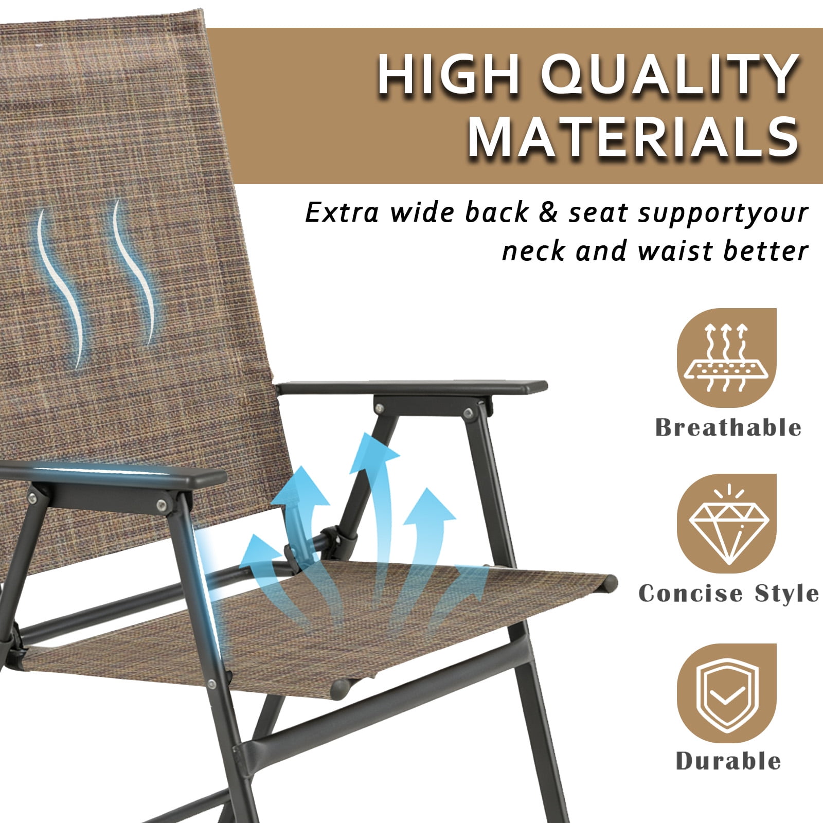 Set of 2 Outdoor Folding Chairs, Portable Patio Dining Chairs with Armrests & High Back, Sturdy Steel Frame for Garden, Lawn, Poolside, Camping (Brown)