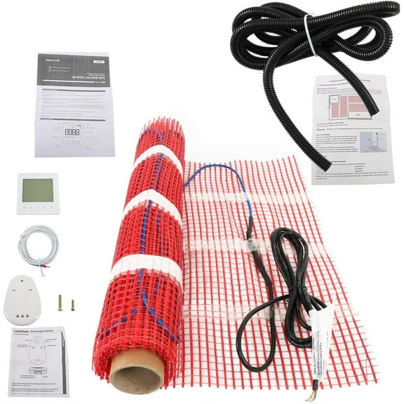waltyotur Underfloor heating mats, 10 sq. ft. electric radiant floor heating system w/digital floor sensing thermostat, installation monitor, back adhesive