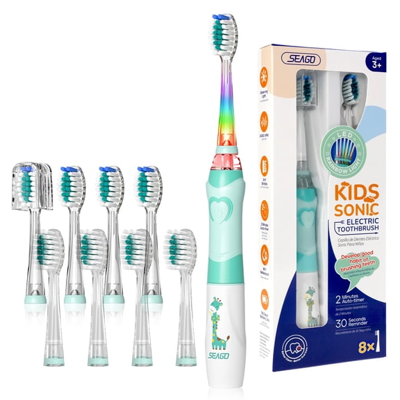 Seago Kids Battery Electric Toothbrush,SG-977Green,Rainbow LED Light,8 Brush Heads,for Kids 3
