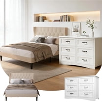 Bedroom Furniture Set, Beige Full Size Bed Frame, White 6 Drawer Dresser with Metal Handle, for Small Space | Bedroom | Studio