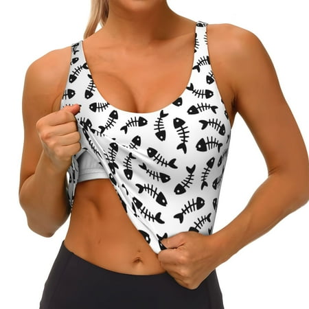 Qokaie Fish Bone Pattern Womens Scoop Neck Sports Bra Breathable Workout Vest Padded U Back Medium Impact Fitness Gym Yoga Bra Workout Crop Top