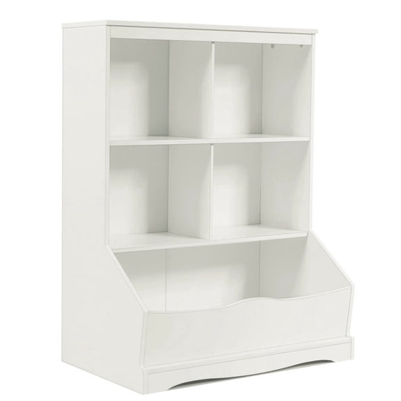 Furnibear 3 Tier Kids Bookshelf and Toy Storage Cabinet with 4 Cubbies and Large Storage Bin for Bedroom and Playroom, White