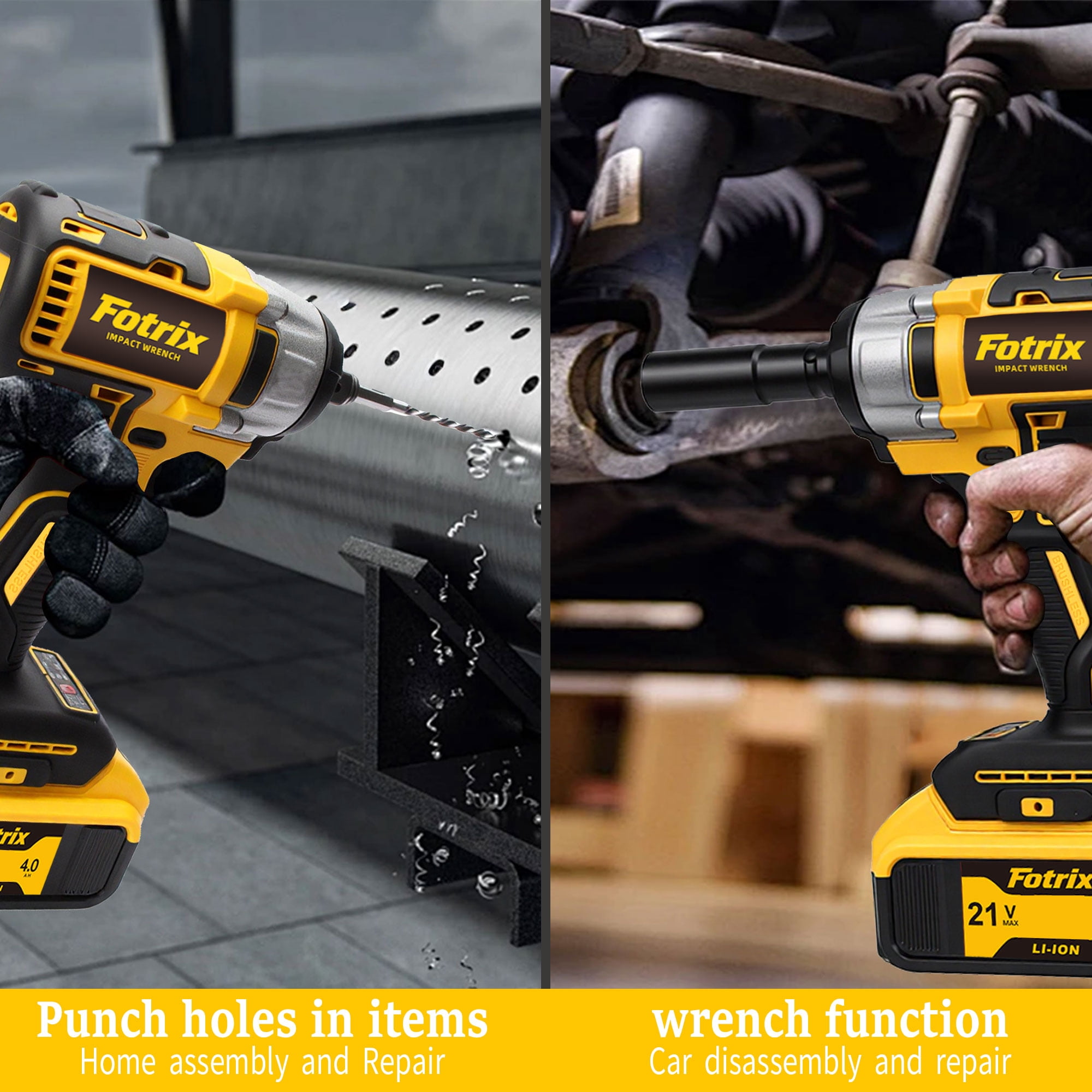 Fotrix 21V Brushless 1/2" Impact Wrench Kit, 3-in-1 Heavy Duty Drill & Driver, 1 x 4.0Ah batteries Suitable For Home Repair, Cordless Impact Gun for Auto Repair