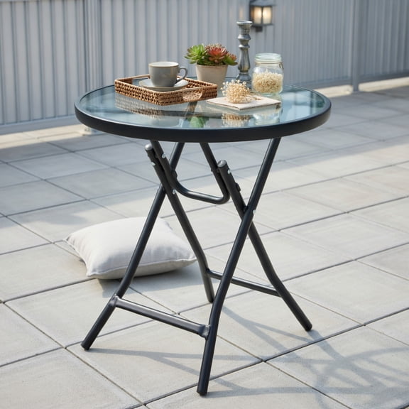 Topcobe Patio Side Table with Tempered Glass Tabletop, Outdoor Patio Furniture