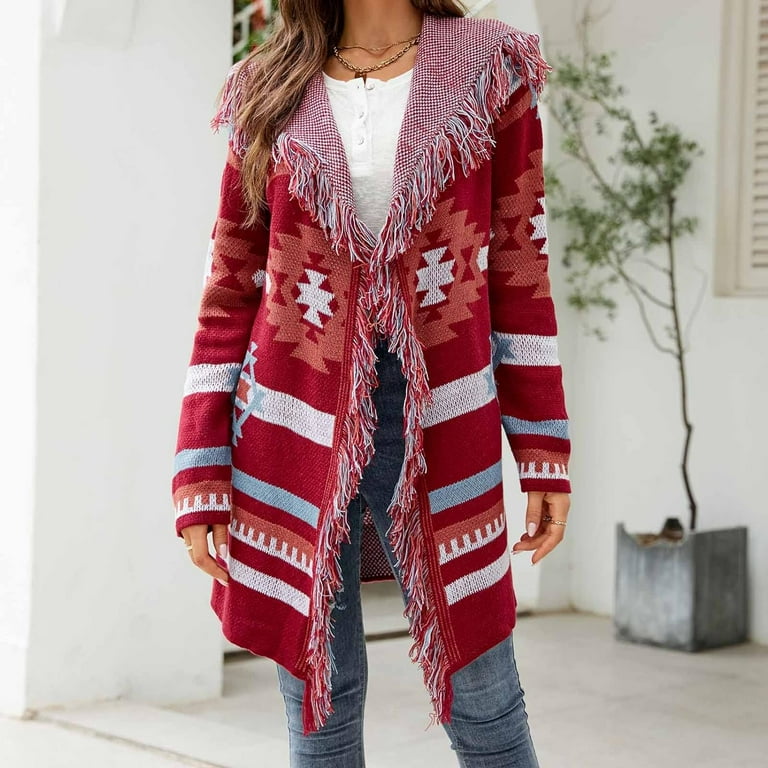 PuliPuqi Womens Cardigan Sweaters Ladies Fringe Lapel Long Sleeve Aztec Print Knit Long Cardigans Coat Tops Color Block Outwear Walmart