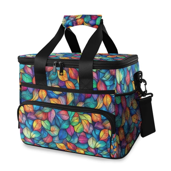 FORMRS Insulated Cooler Bag 24 Cans Capacity Soft Leakproof Lunch Box with Side Pockets, Vibrant Art Leaves Pattern