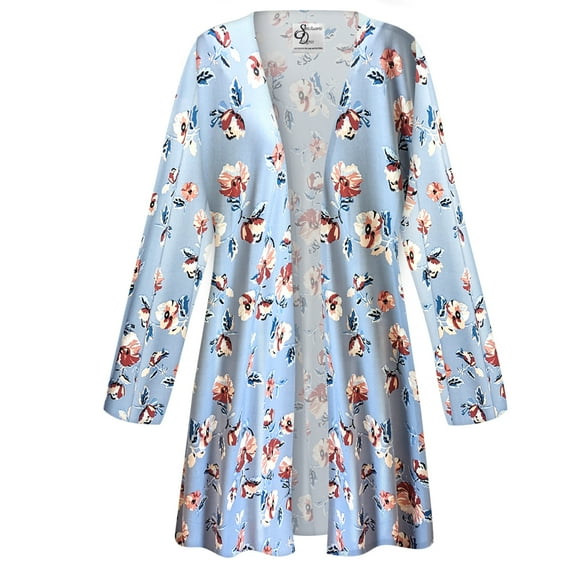 Women's Plus size Maxi Cardigan Straight Blue Fields Designer Print Slinky Casual Long Flowy Drape Mid-Weight Duster Sweater Made in USA