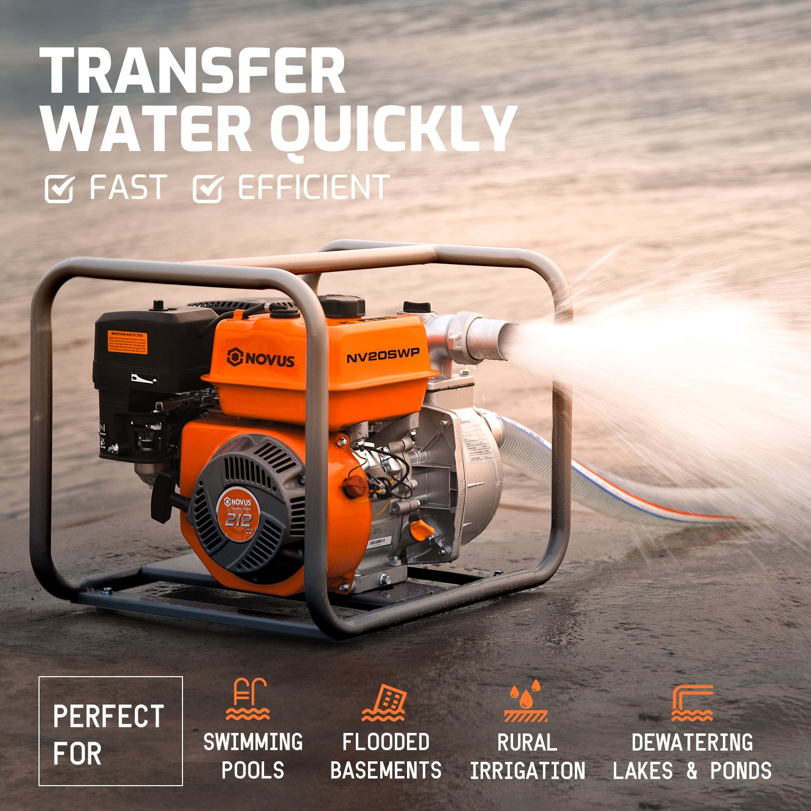 NOVUS Semi Trash Pump 2 inch, Gas Powered Water Pump for Pond Pool Draining Gardening Irrigation 141 GPM 100ft Lift 23ft Suction, EPA Certified