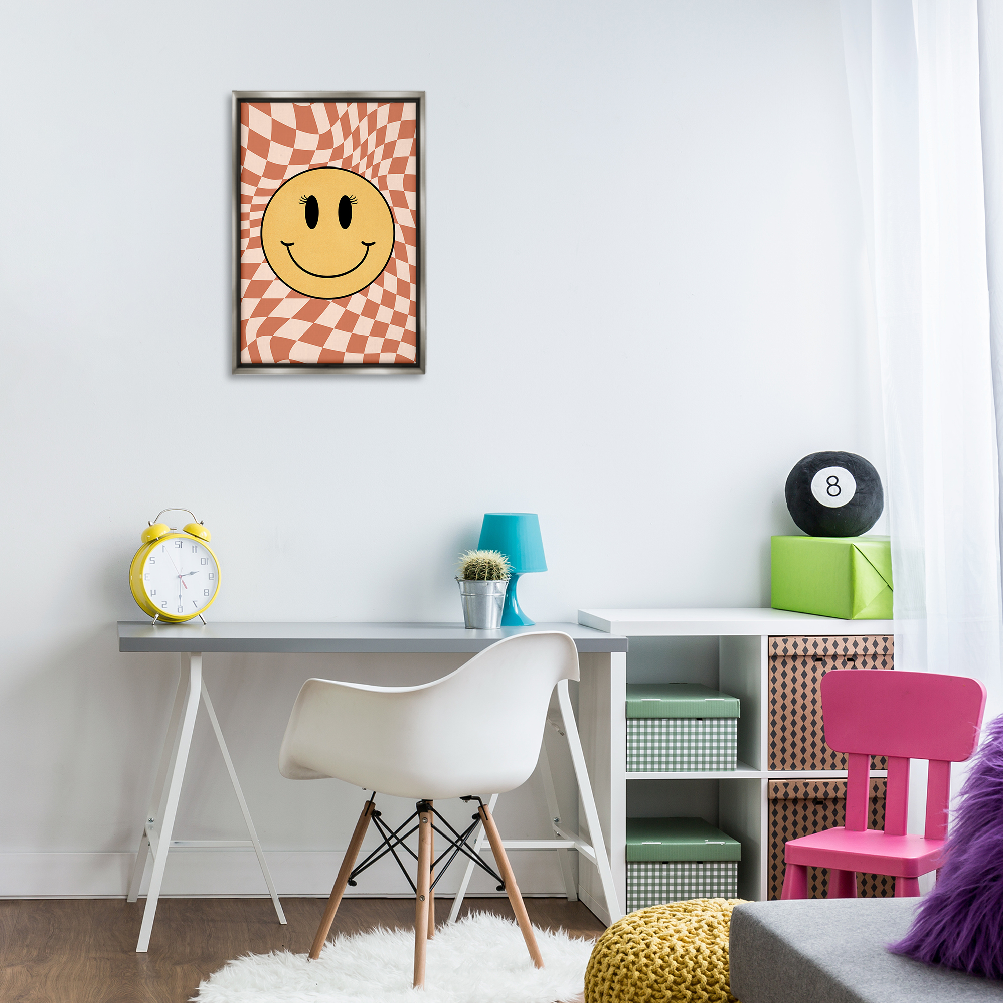 Stupell Industries Retro Checkered Smiley Novelty & Humor Painting Gray Floater Framed Canvas Art Print Wall Art, 17 x 25