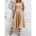 thumbnail image 5 of Khaki Solid Minimalist Stand Collar Sleeveless A-Line Midi Dress For Women, 5 of 7