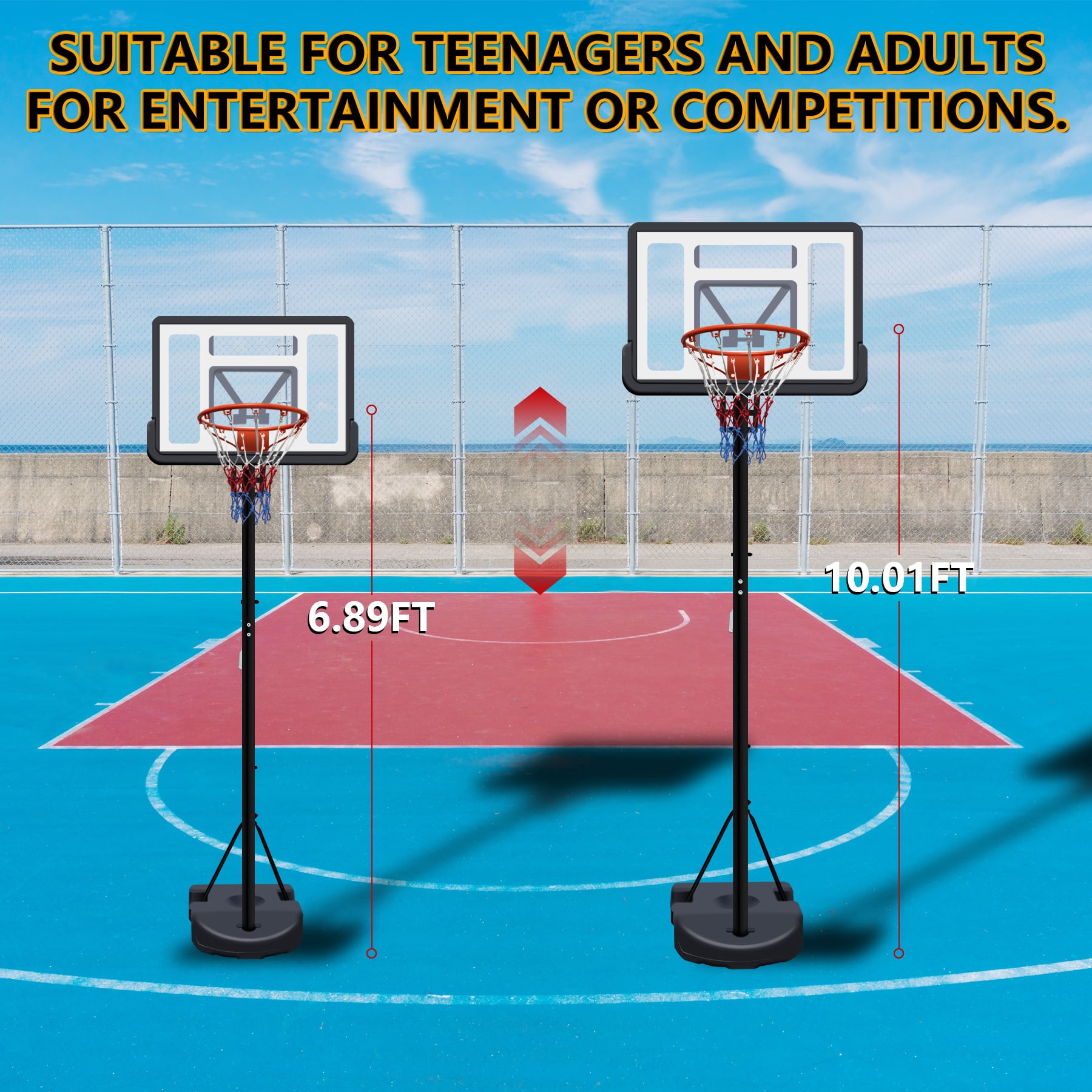 34 inch Portable Basketball Hoop, Adjustable Height 6.89 ft to 10.01 ft, Backboard with Rebound System, Indoor/Outdoor Basketball Goal with Water/Sand Base, Wheels for Easy Move, Black