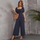 thumbnail image 4 of Love Welove Moda Mujer Floral Manga corta Cintura alta Pantalones de pierna ancha Casual Suelto Reunido Mono Azul marino Lunares Medio, 4 of 5