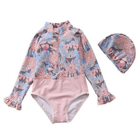 

Uccdo Toddler Girls Rashguard One-Piece Swimsuit Baby Girl Summer Floral Swimwear Bathing Suit with Swim Cap 1-7T