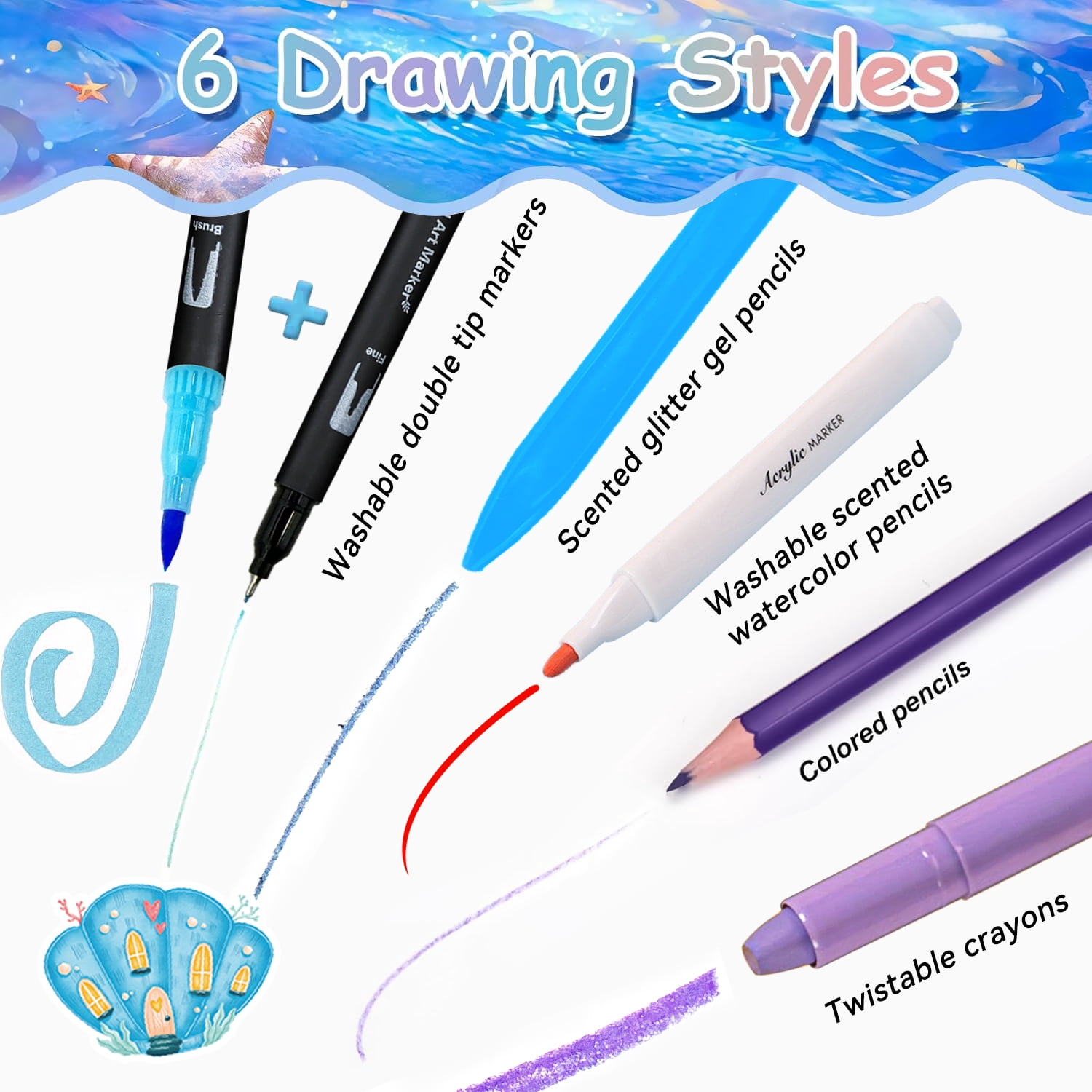 Aijohnny Mermaid Art Set,Washable Scented Markers Kit with Stickers,Glitter Pencil Case,Glitter Pens & Crayons,Birthday Gifts for 3-5 8-12 Year Old