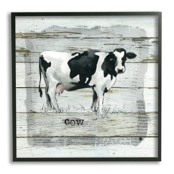 Stupell Industries Country Dairy Cow over Rustic Pattern Book Collage Animals & Insects Painting Black Framed Art Print Wall Art, 12 x 12