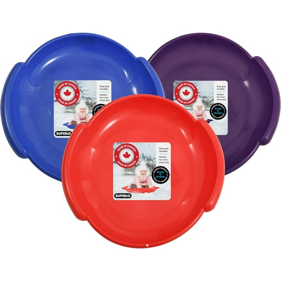 Superio Round Snow Sled, Heavy Duty Plastic Saucer Toddler Sled with Handles 24" Winter Snow Toys Fun for Kids and Adults 3-Pack, Red-Blue-Purple