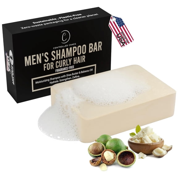 Controlled Chaos Curly Hair Solid Shampoo Bar for Men (4 fl.oz.) with Shea Butter & Babassu Oil Moisturizing & Frizz Control, Sulfate-Free, Vegan (Fragrance Free)