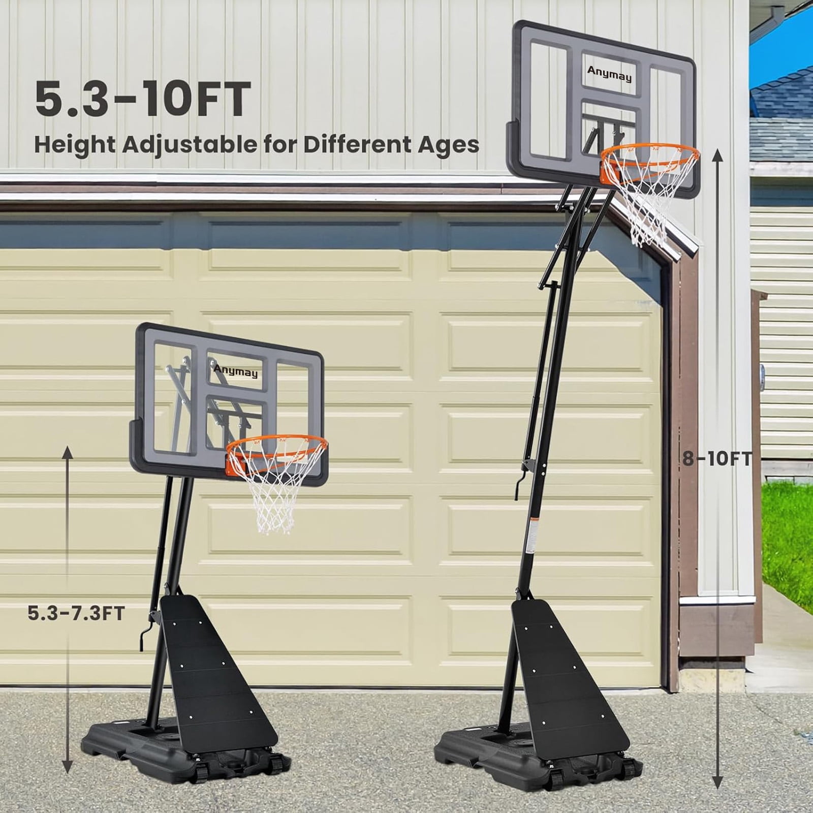 Basketball Hoop Outdoor 48Inch Impact Backboard, 5.3-10FT Height Adjustable Basketball Hoop Goal System with Portable Wheels for Adults