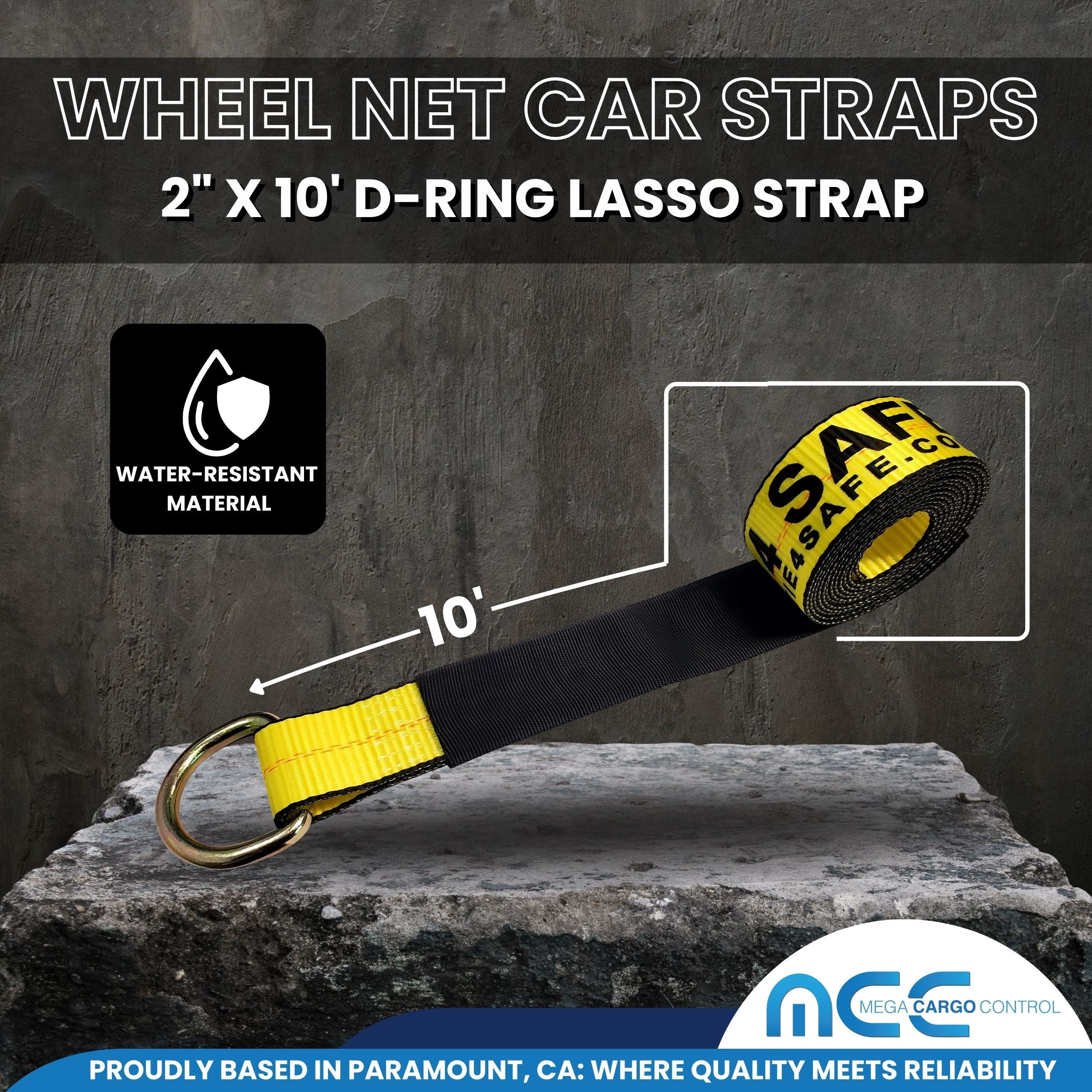 Mega Cargo Control 4 Pack 2" x 120" Car Hauler D-Ring Tie Downs with Wire J Hook Ratchet Straps, Yellow