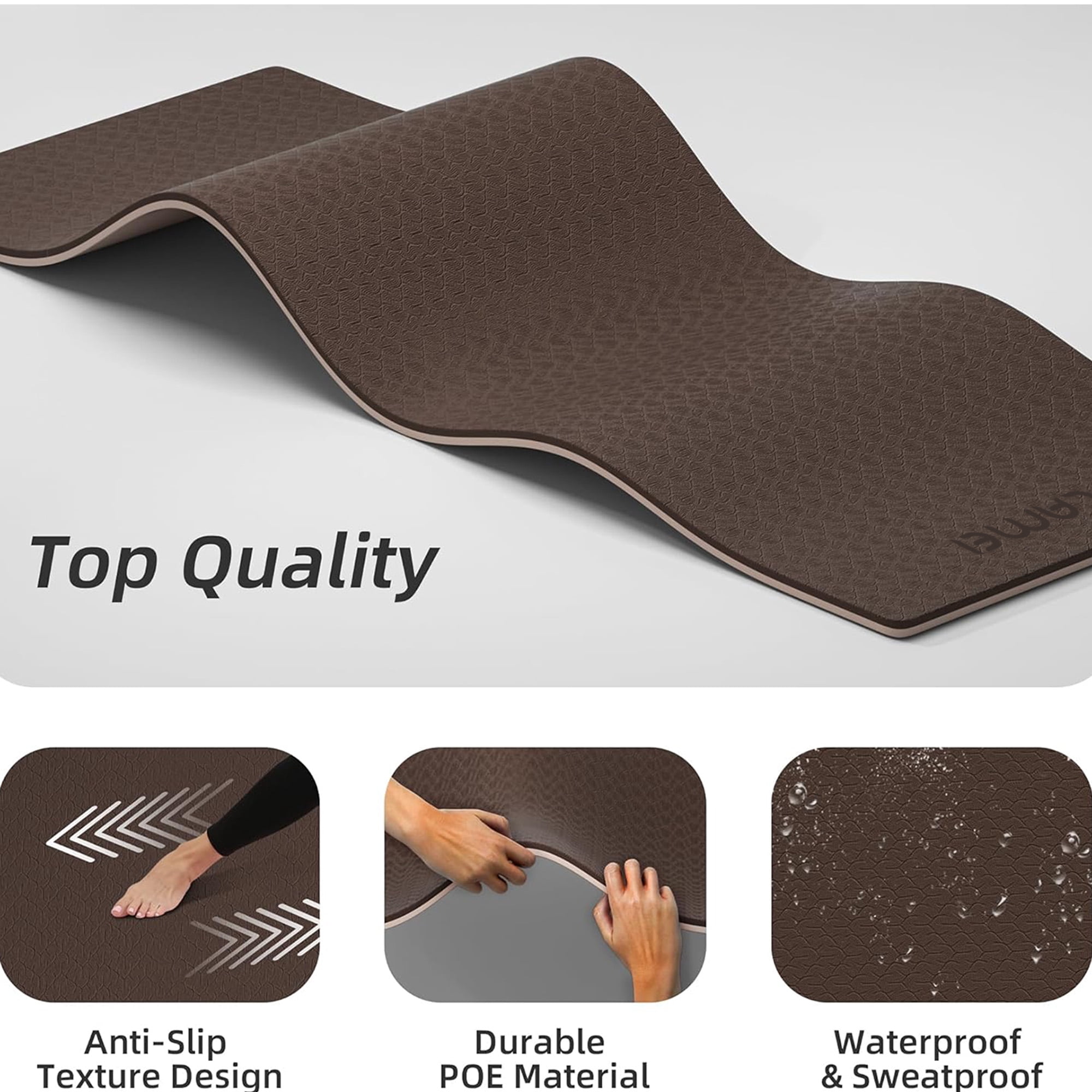 LAMEI Yoga Mat Thick 10mm, 31.5" Extra Wide for Men and Women, Non-Slip TPE Exercise Matt, Two Tone Fitness Mats with Straps for Carrying(Brown+Beige)