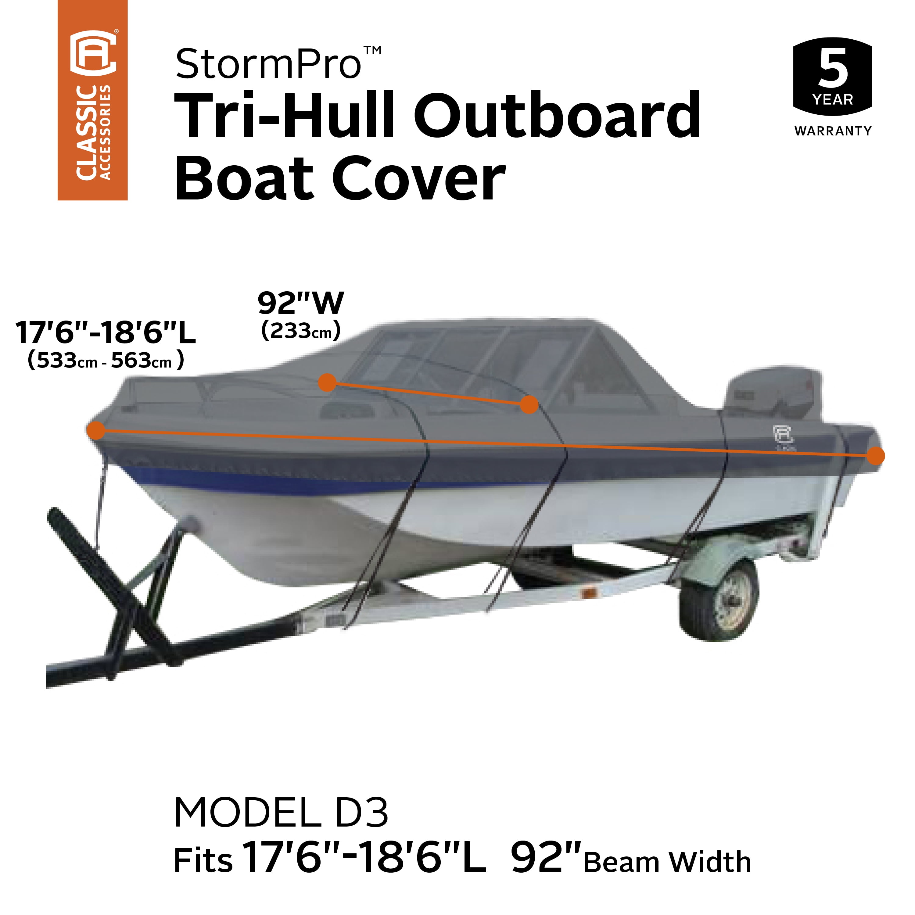 Classic Accessories StormPro Heavy-Duty Tri-Hull Outboard Boat Cover, Fits boats 17 ft 6 in - 18 ft 6 in long x 92 in wide