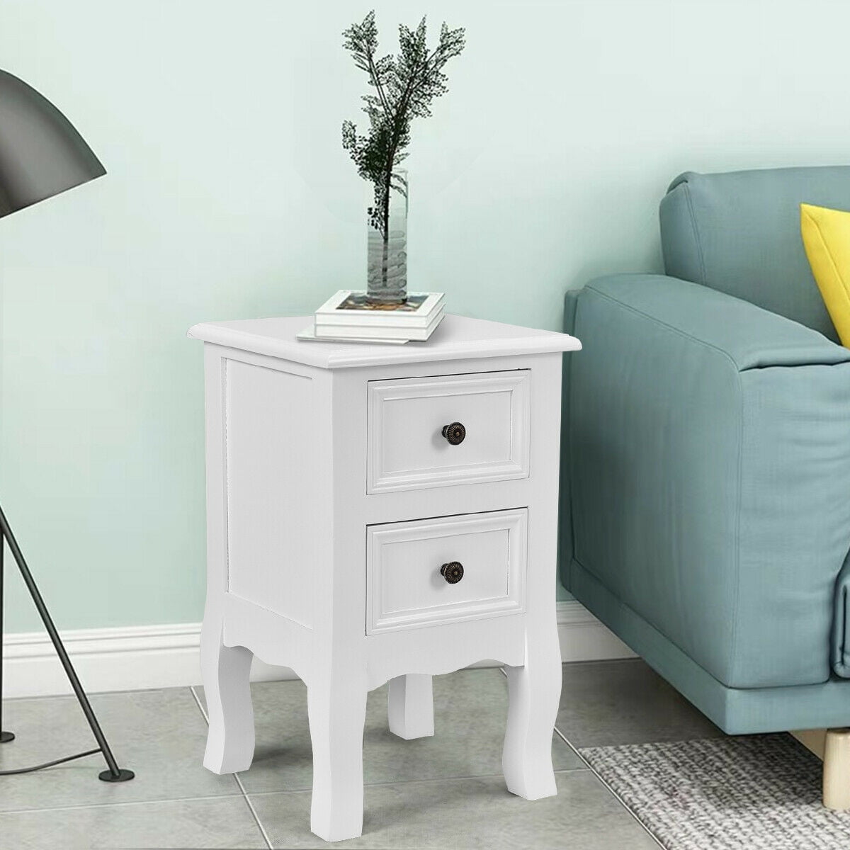 Costway White Night Stand w 2 Storage Drawers Wood End Accent Table