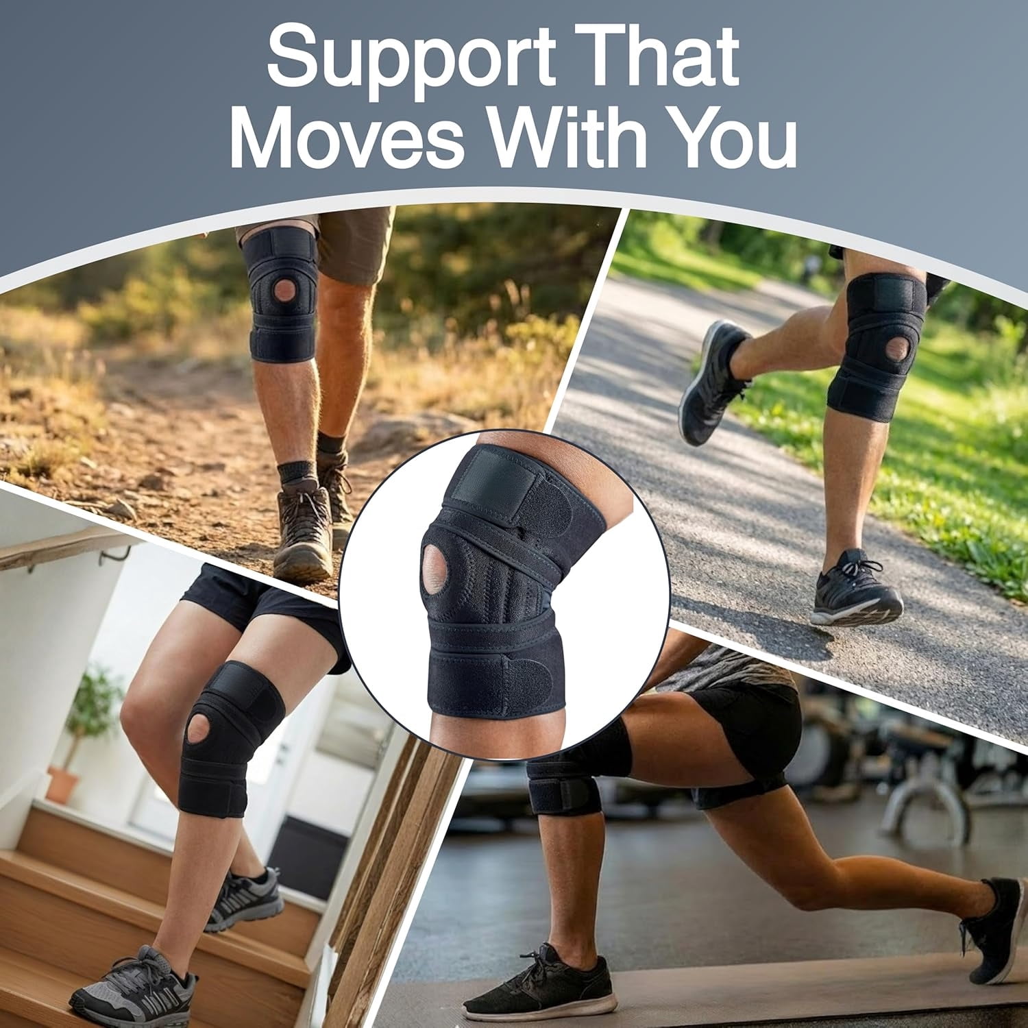 Adjustable Knee Brace with Side Stabilizers, Knee Support Compression Wrap for Men and Women, Breathable Knee Sleeve for Running, Gym, Workout, Basketball, Hiking, Size [Medium]