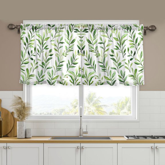 Yayeee Kitchen Curtains Set of 2 Light Filtering 57"x24" Over Sink Window Panels, Green Leafy Pattern