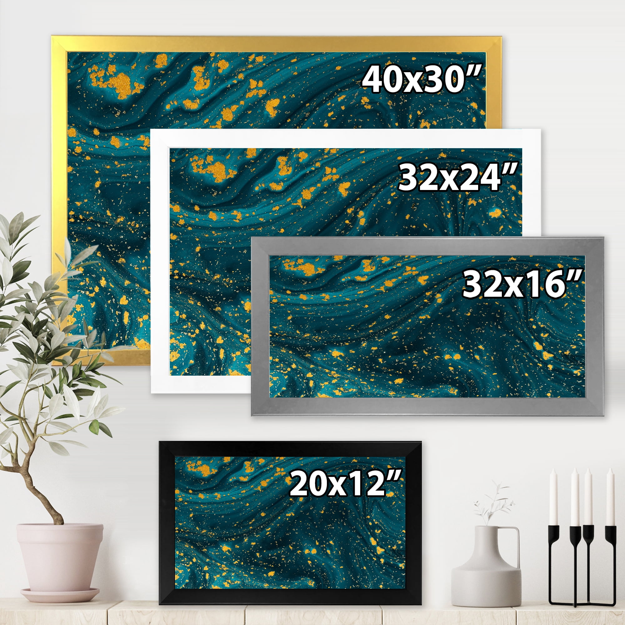 Designart 'Golden Glitter With Dark Blue Marble' Modern Framed Art Print