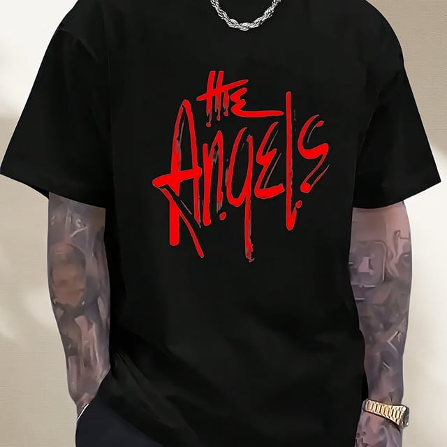 T-Shirt Graphique Angel : T-Shirt Décontracté à Manches Courtes 100 % Noir pour Homme avec Imprimé Rouge et Blanc - Col Ras du Cou Confortable, Convient aux Sports d'Été, à la Randonnée et aux Activités de Plein Air, Vêtements de Plein Air Audacieux