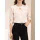 thumbnail image 5 of CURVOSPORT Camisa Elegante para Mujeres, Top de Oficina con Abertura Clave, Frente Plisado, Manga 3/4, Blusa de Chifón XS Beige, 5 of 8