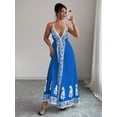 thumbnail image 3 of Royal Blue Floral Embroidered Deep V-Neck Halter Maxi Dress For Women Boho Beach Vacation Long Dress, 3 of 7