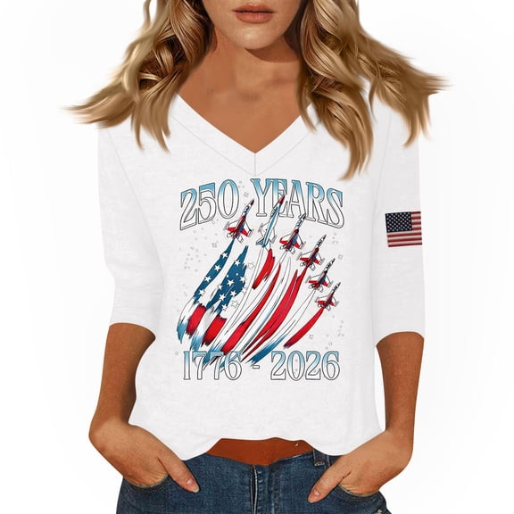 Fabrcox 1776-2026 250 Anniversary USA T Shirt Flag Print 3/4 Length Sleeve Womens Fourth of July Shirt We the People Celebration Freedom Funny Patriotic Shirts for Women