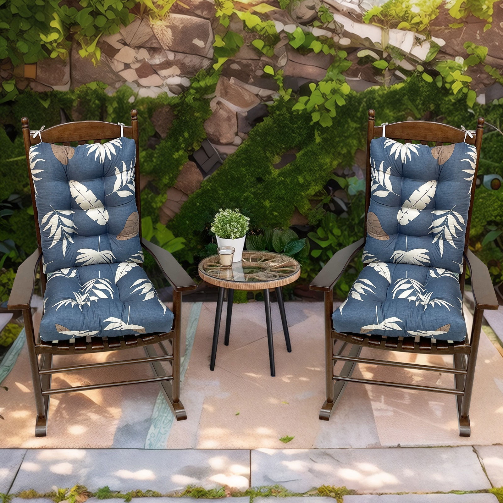 TOPCHANCES Indoor/Outdoor Rocking Chair Cushions Set, 2 Piece Tufted Comfortable Cushions for Rocking Chairs with Non-Slip Ties, Blue & Leaves
