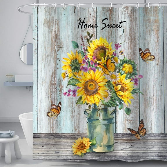 Home Sweet Farmhouse Shower Curtain, Sunflowers Butterflies on Rustic Teal Wooden Board Country Bathroom Decor Curtains, Waterproof Cloth Fabric with Hooks, Yellow