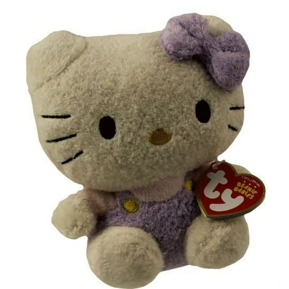 TY Beanie Baby - HELLO KITTY ( FUZZY PURPLE OVERALLS) (6" Plush) (BONUS ONE RANDOM TY ERASER)