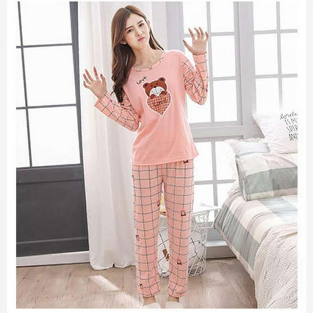 Spring and Autumn Women Long Sleeve Sleepwear Suits O-Neck Tops and Pants Pajamas Sets Plus Size Home Service Set